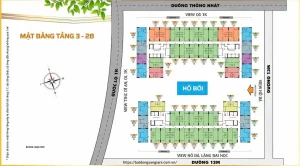 Mặt bằng căn hộ mẫu Bcons Plaza Dĩ An, bố trí 2 phòng ngủ, 2 nhà vệ sinh, phòng khách và bếp liên thông, ban công.