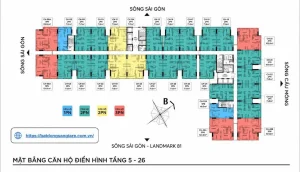 Mặt bằng căn hộ Symlife Thuận An Bình Dương - 1, bố trí 29 căn/tầng, đa dạng diện tích 54-95m2, từ 1 đến 3 phòng ngủ.