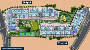 Sơ đồ mặt bằng tổng thể căn hộ The Gio Riverside với các loại diện tích 1PN, 2PN, 3PN, bố trí hợp lý theo từng tòa tháp.