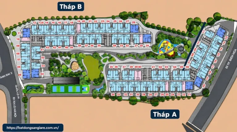 Sơ đồ mặt bằng tổng thể căn hộ The Gio Riverside với các loại diện tích 1PN, 2PN, 3PN, bố trí hợp lý theo từng tòa tháp.