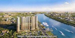 Thiết kế tổng thể dự án The Emerald River Park Thuận An. Mô hình 5 tòa tháp ven sông Sài Gòn, tầm nhìn thoáng đãng.