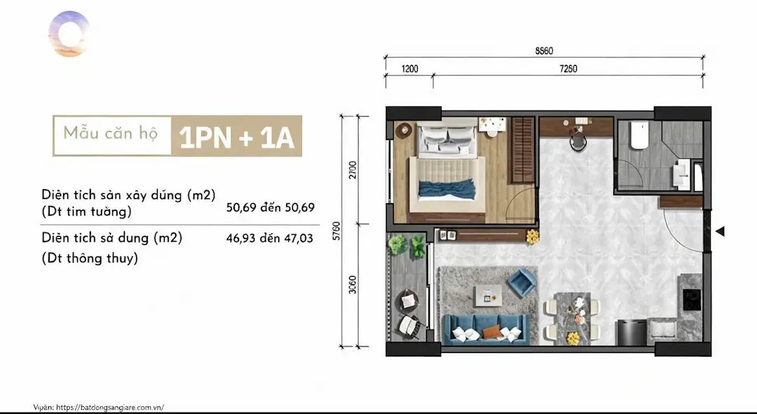 Thiết kế 1PN căn hộ One Era Thuận An