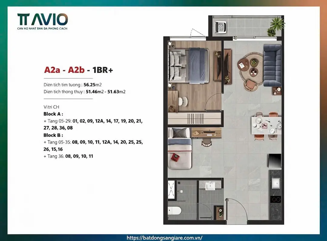 Layout mặt bằng thiết kế căn hộ 1 phòng ngủ TT AVIO