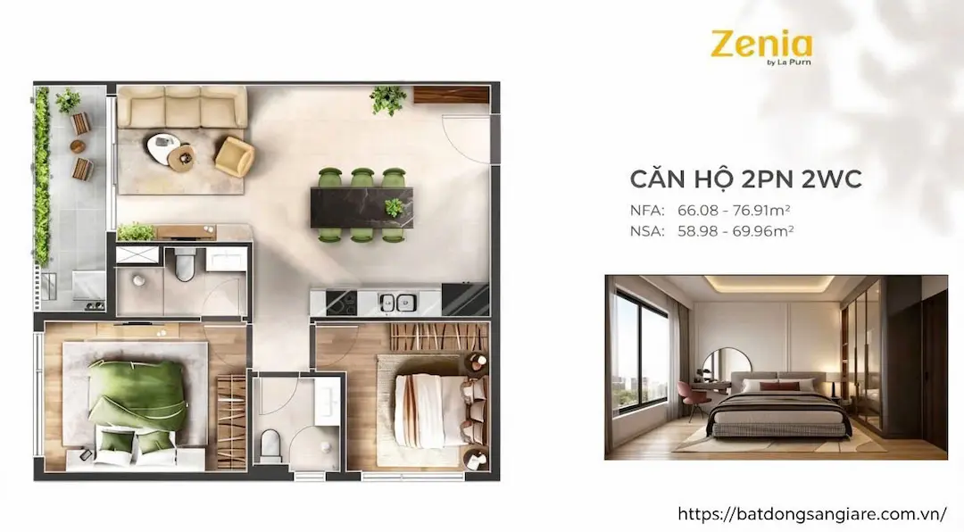 Thiết kế căn hộ 2PN 1WC La Pura