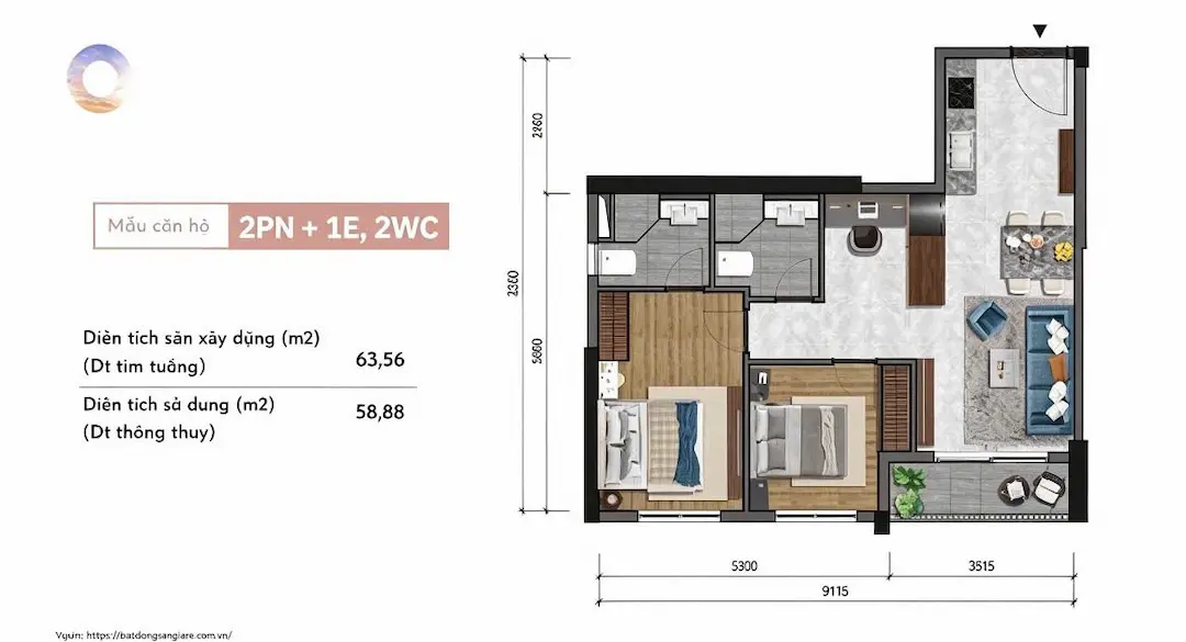 Thiết kế 2PN căn hộ One Era Thuận An