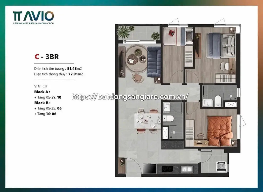 Layout mặt bằng thiết kế căn hộ 2 phòng ngủ TT AVIO