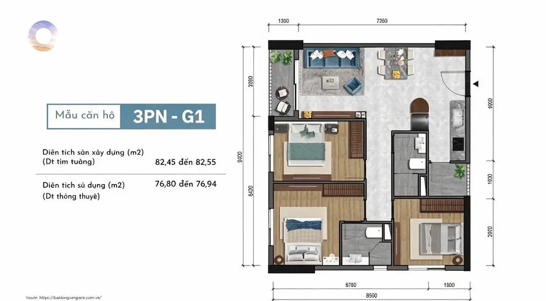 Thiết kế 3PN căn hộ One Era Thuận An