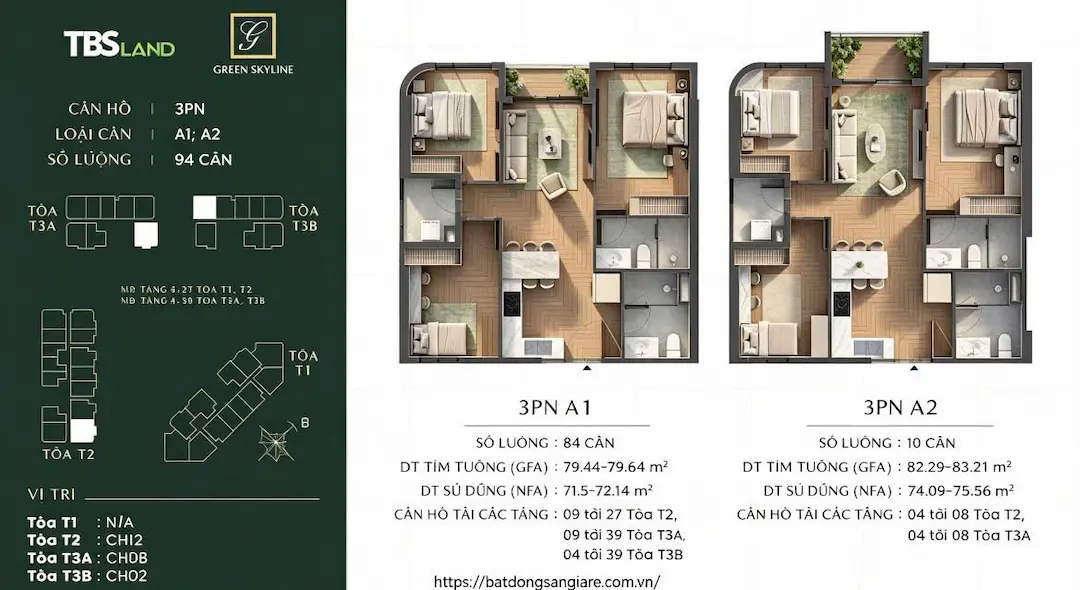 Sơ đồ thiết kế căn hộ 3 phòng ngủ diện tích lớn tại Green Skyline