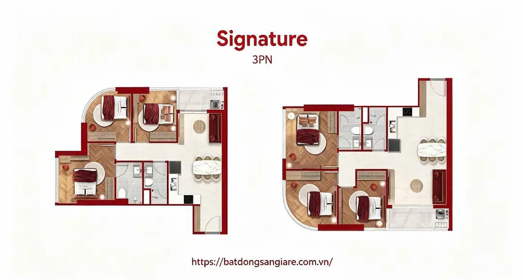 Mặt bằng thiết kế căn hộ 3 phòng ngủ Lusso Saigon