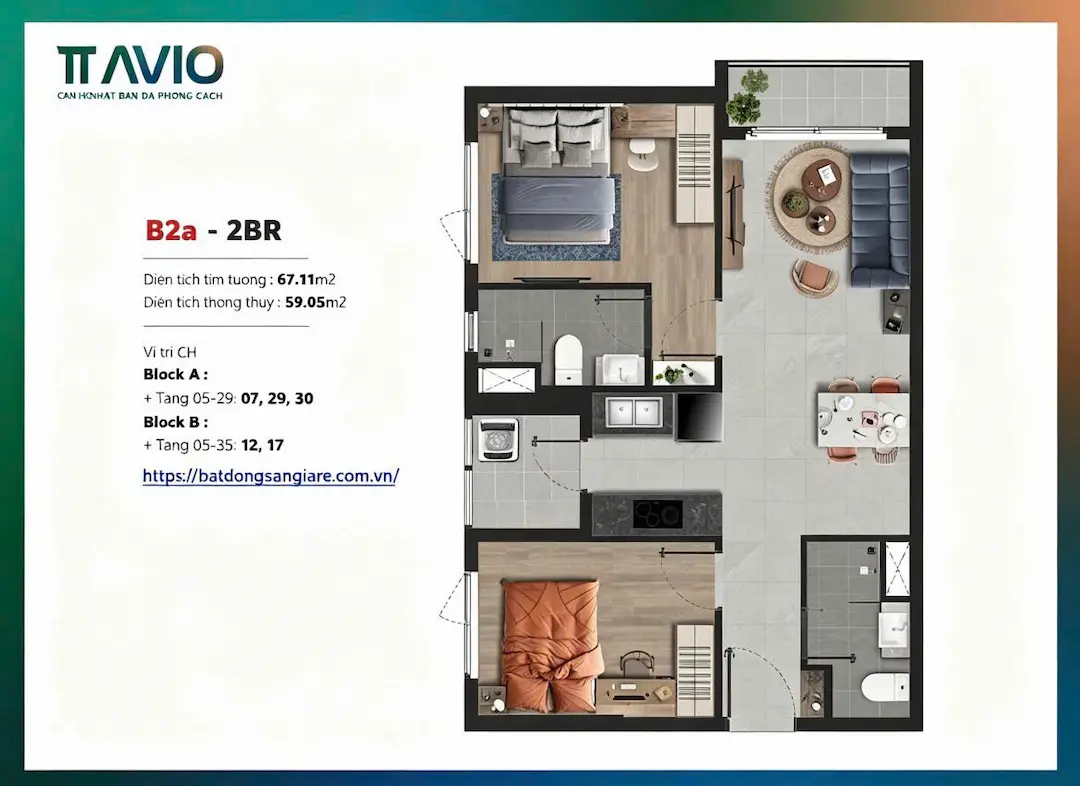 Layout mặt bằng thiết kế căn hộ 3 phòng ngủ TT AVIO