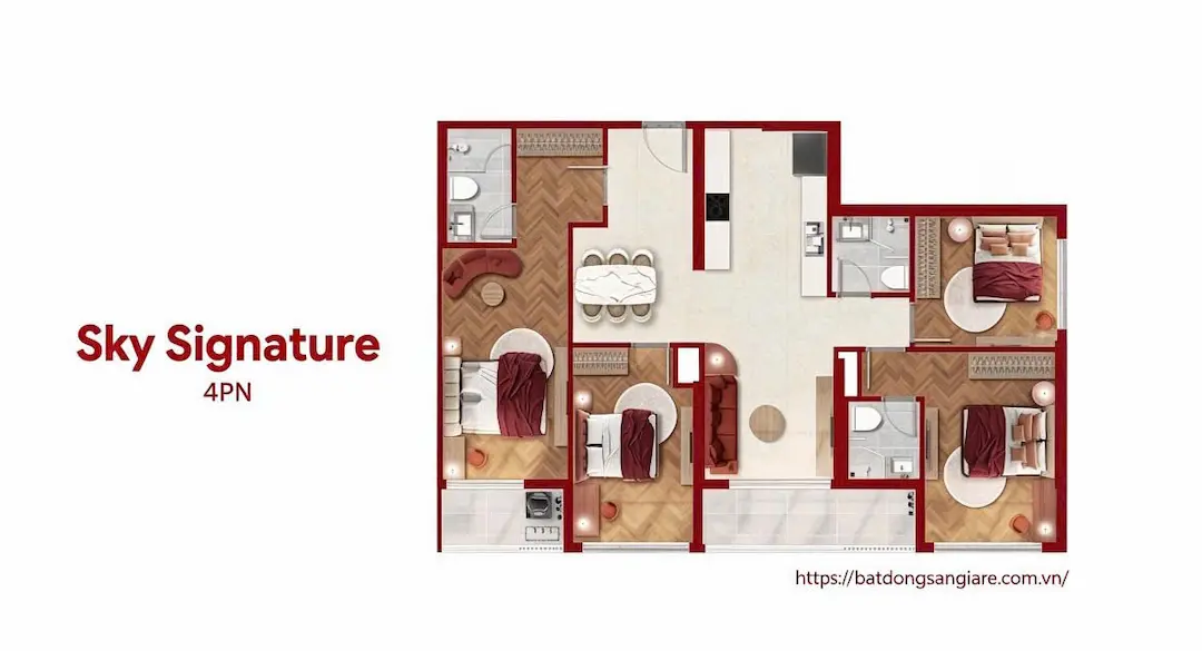 Mặt bằng thiết kế căn hộ 4 phòng ngủ Sky Villa Lusso Saigon