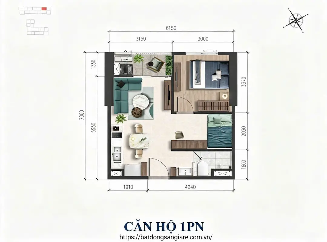 Thiết kế căn hộ 1PN A&T Sky Garden Thuận An