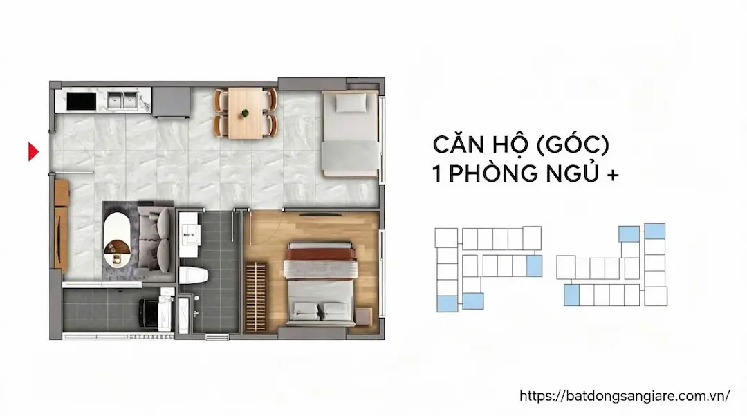 Thiết kế căn hộ 1PN Fenica – phòng ngủ và ban công