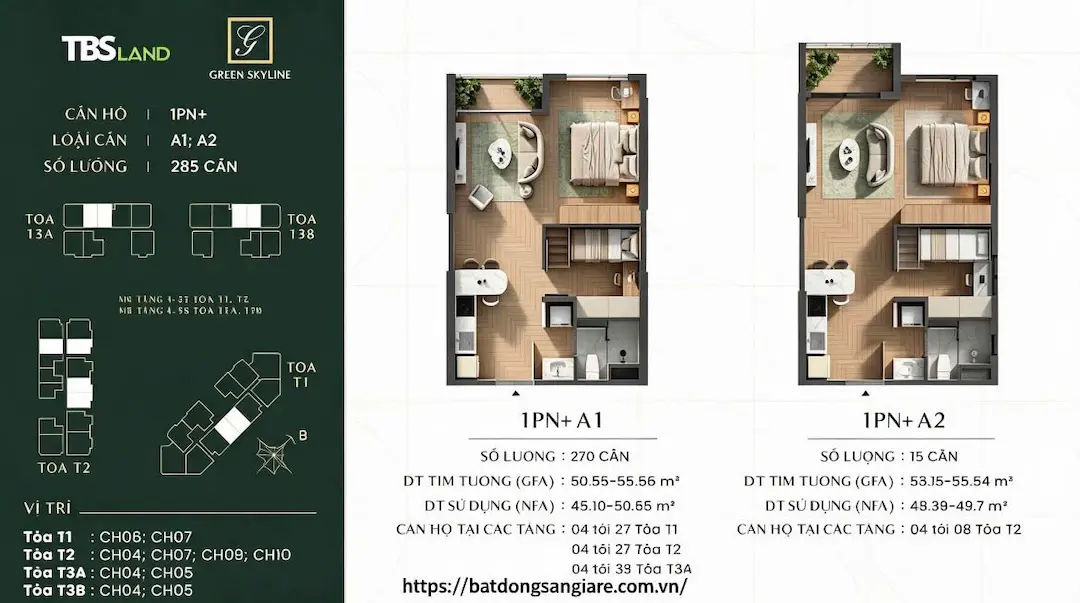 Thiết kế căn hộ 1PN Green Skyline