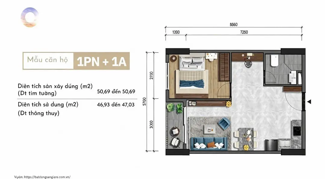 Thiết kế căn hộ 1PN One Era Thuận An
