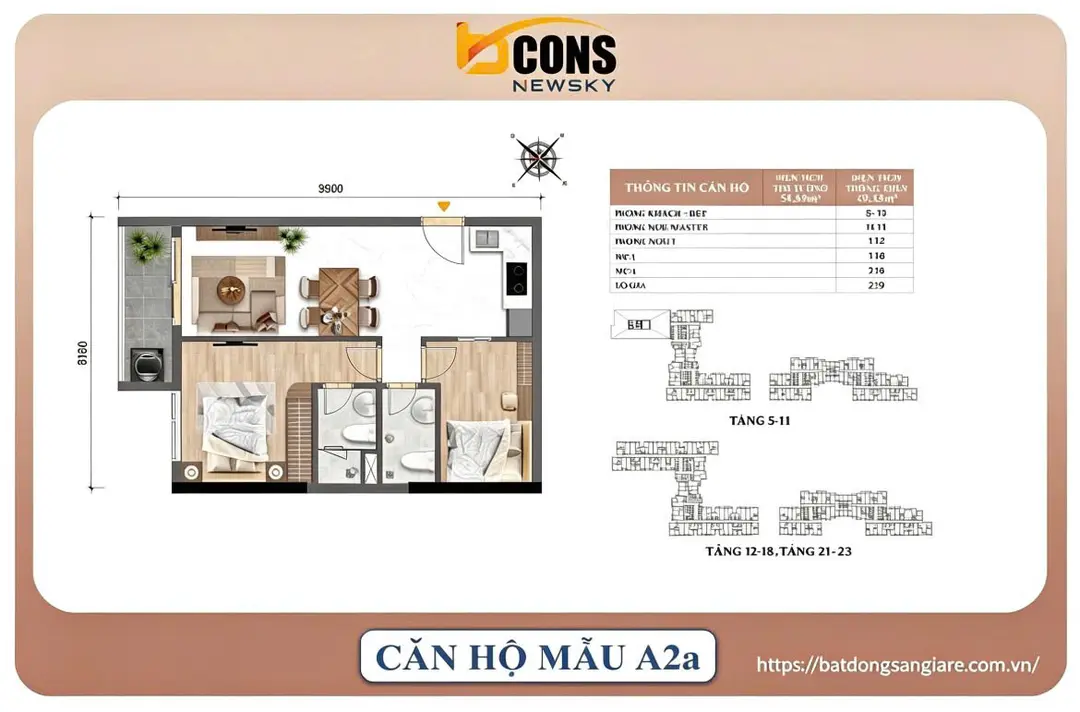 Thiết kế căn hộ 2PN Bcons New Sky Thuận An