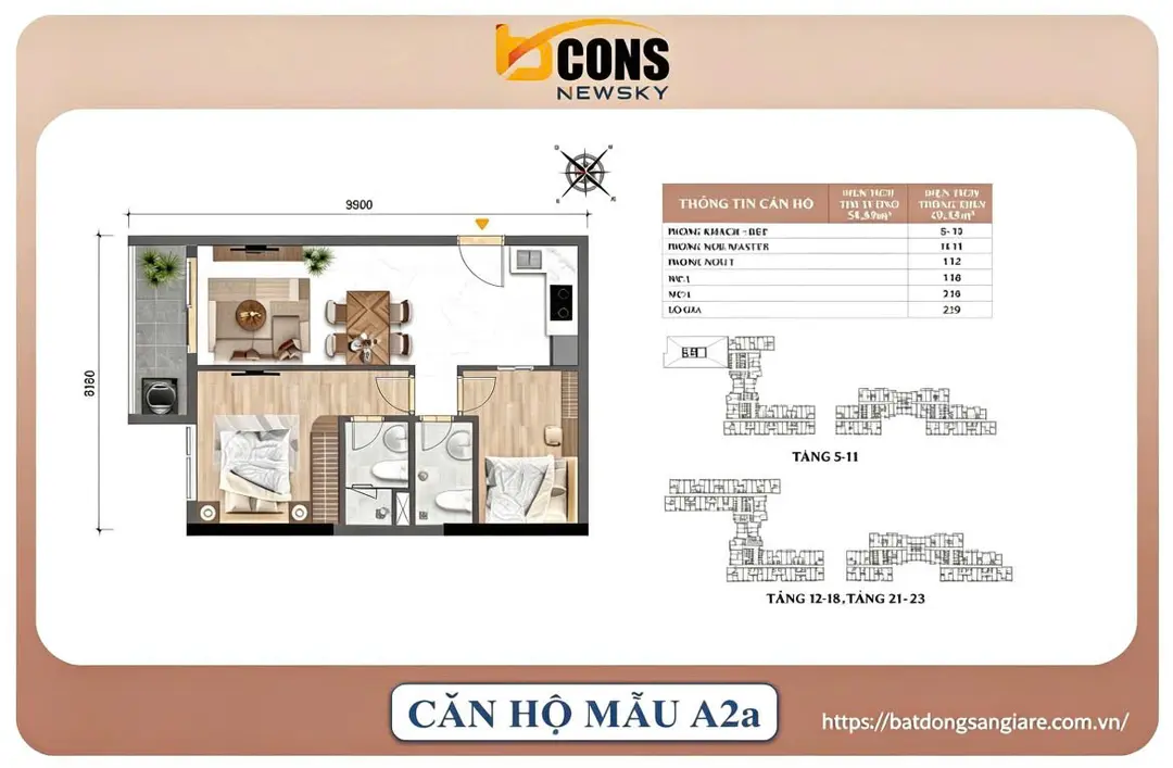 Thiết kế căn hộ 2PN Bcons New Sky