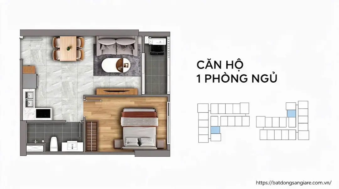 Thiết kế căn hộ 2PN Fenica – không gian phòng khách và bếp