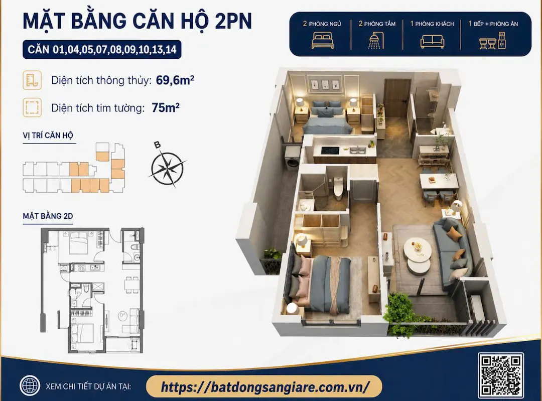 Thiết kế căn hộ 2PN Landmark Residential Thuận An mẫu số 2