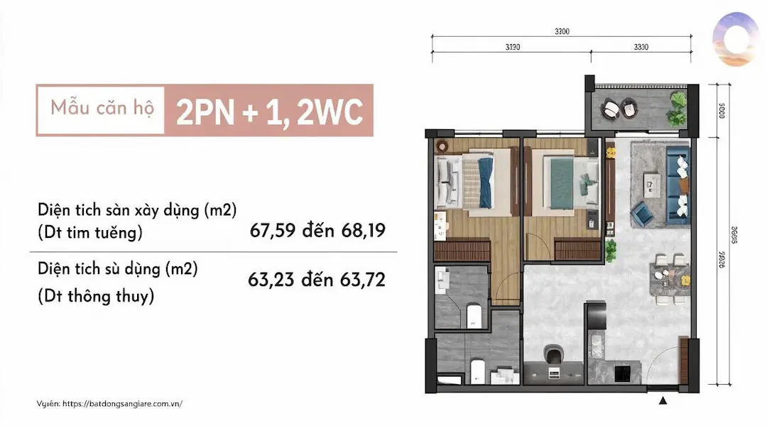 Thiết kế căn hộ 2PN One Era Thuận An
