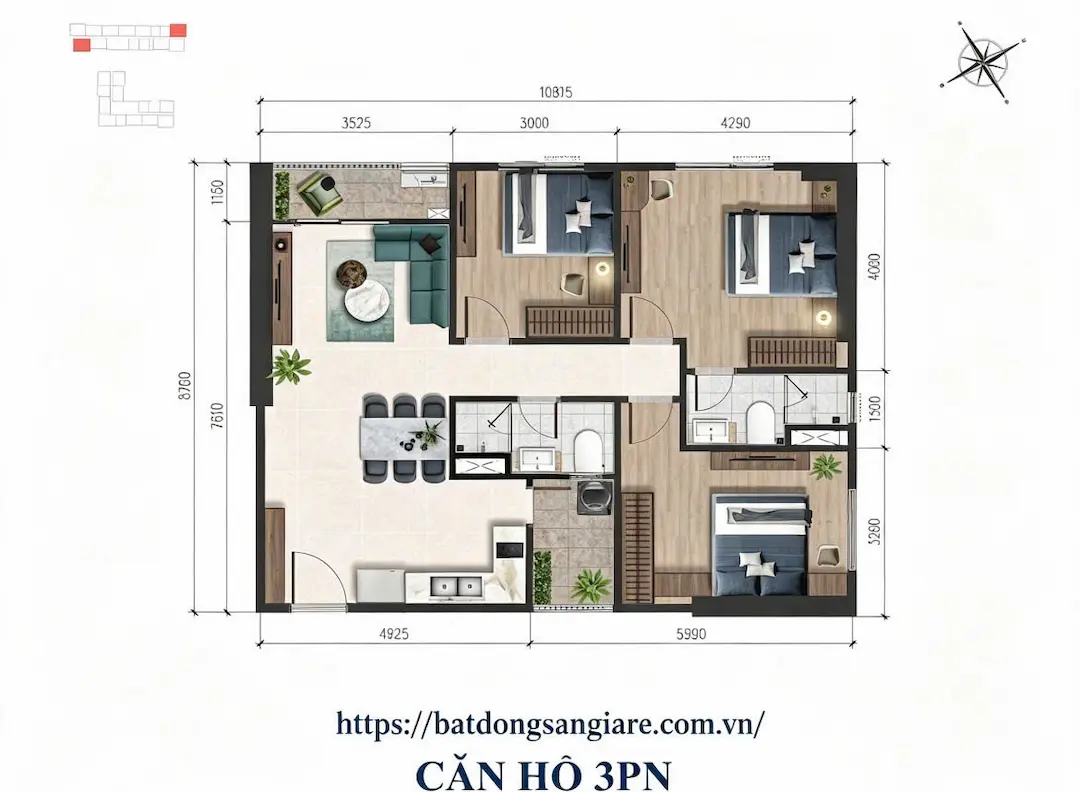 Thiết kế căn hộ 3PN A&T Sky Garden Thuận An