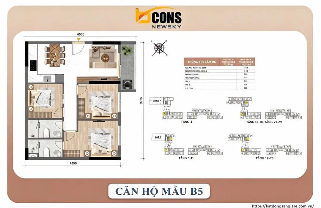 Thiết kế căn hộ 3PN Bcons New Sky Thuận An