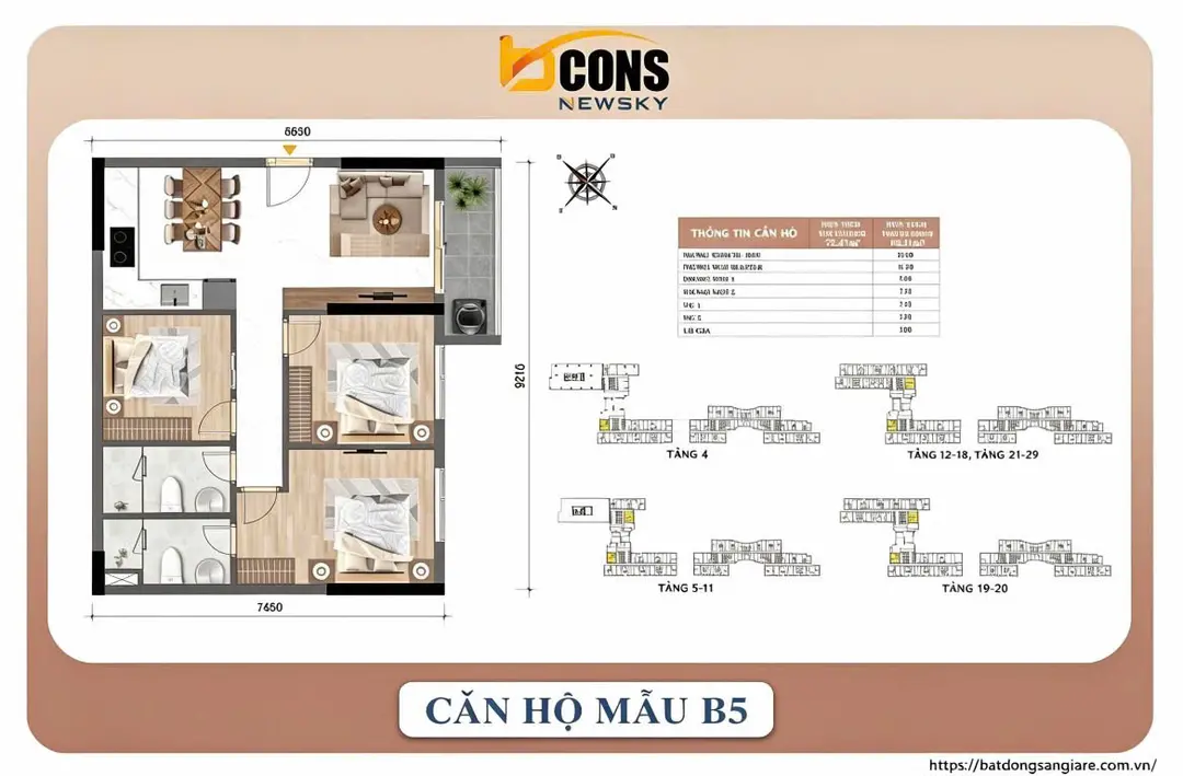 Thiết kế căn hộ 3PN Bcons New Sky