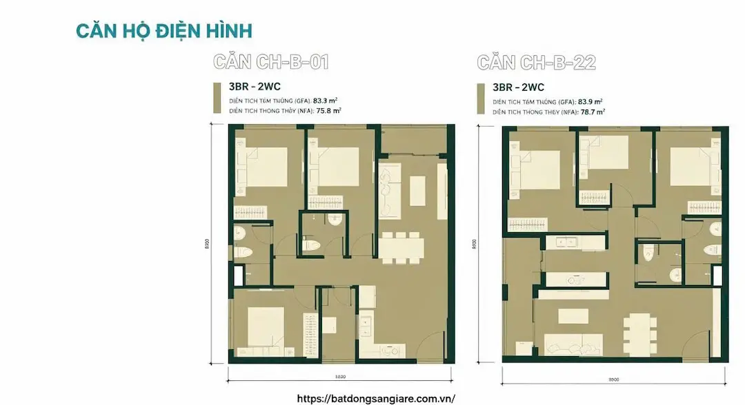 Thiết kế căn hộ 3PN Happy One Mori Thuận An