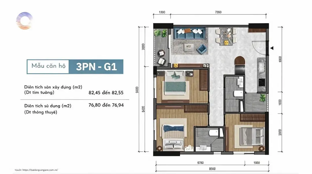 Thiết kế căn hộ 3PN One Era Thuận An