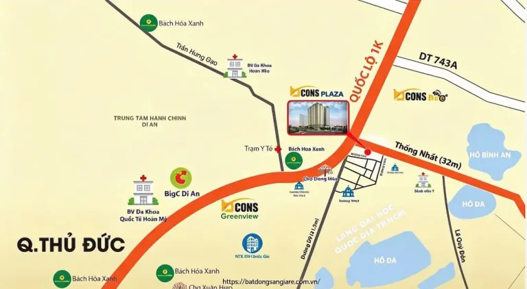 Sơ đồ vị trí Bcons Plaza tại phường Đông Hòa, Dĩ An, gần các tuyến giao thông trọng điểm và khu đô thị mới.