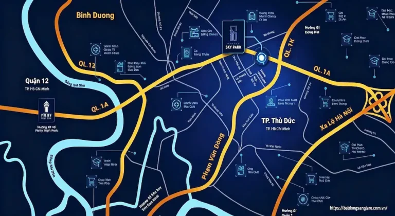 Bản đồ vị trí dự án Picity Sky Park tại Dĩ An, nằm cạnh Quốc lộ 1K, gần các tiện ích ngoại khu và giao thông.