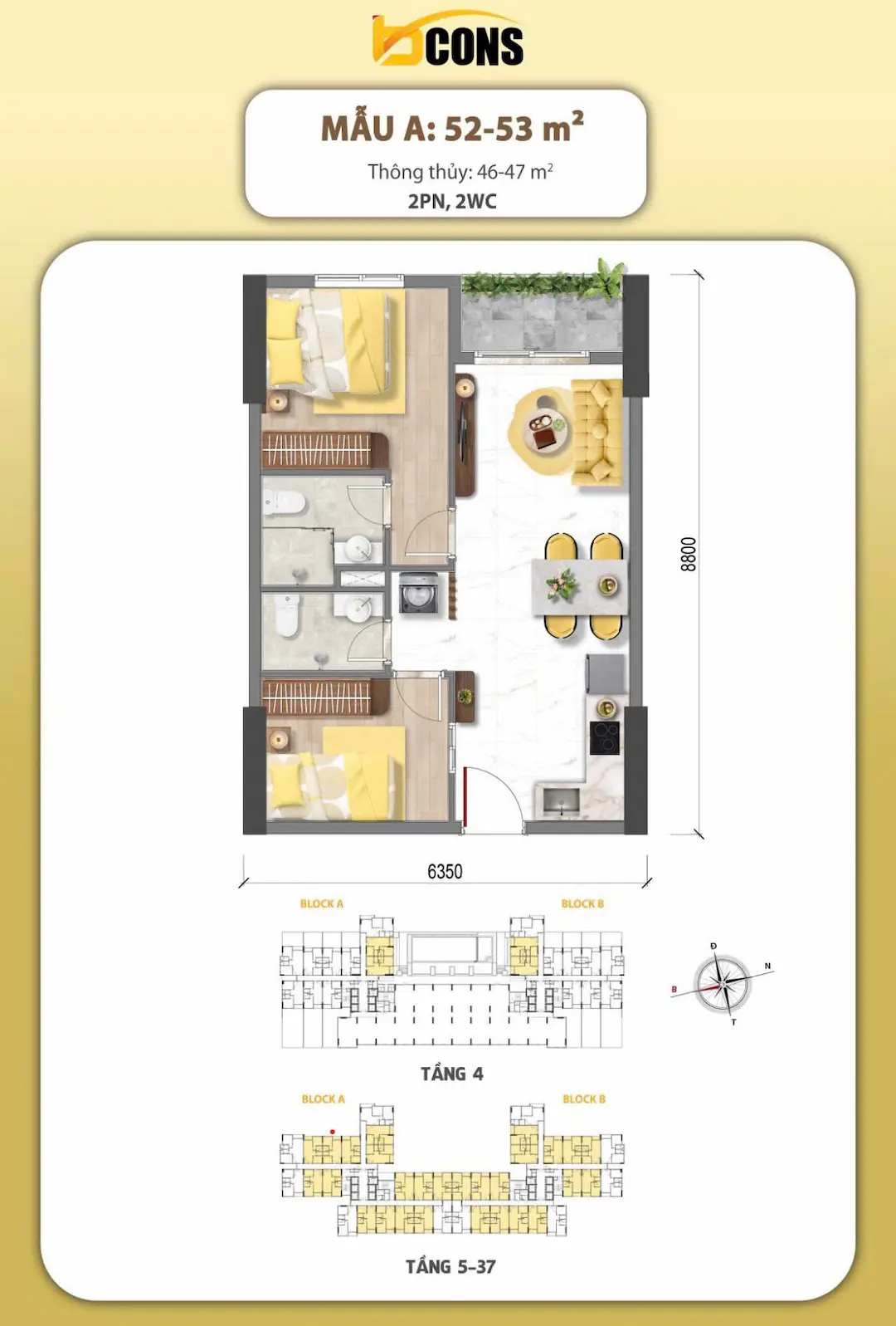 Mặt bằng Bcons Aria Dĩ An 2 phòng ngủ mẫu A 53m2