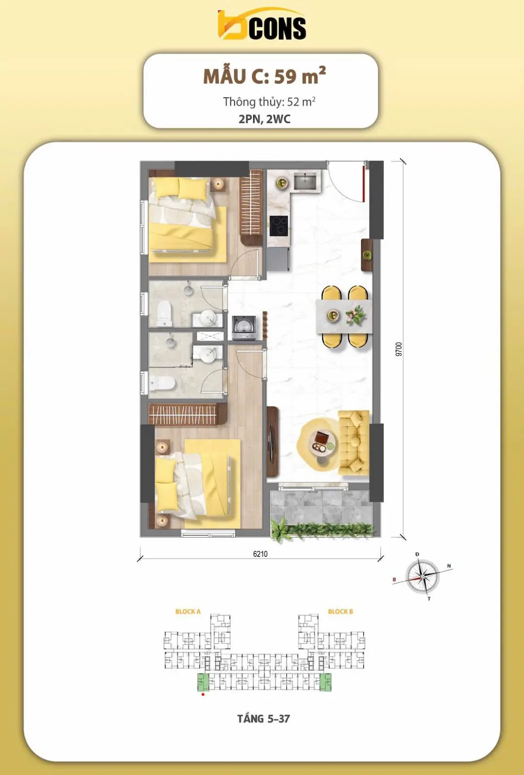 Mặt bằng Bcons Aria Dĩ An 2 phòng ngủ mẫu C 59m2