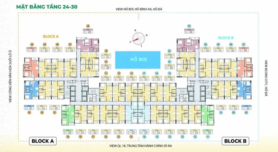 Mặt bằng Bcons Aria tầng 24-30 Block A và Block B Dĩ An