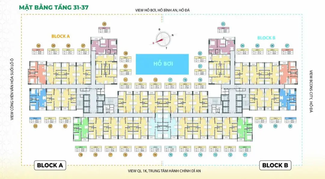 Mặt bằng Bcons Aria tầng 31-37 view hồ phao Dĩ An