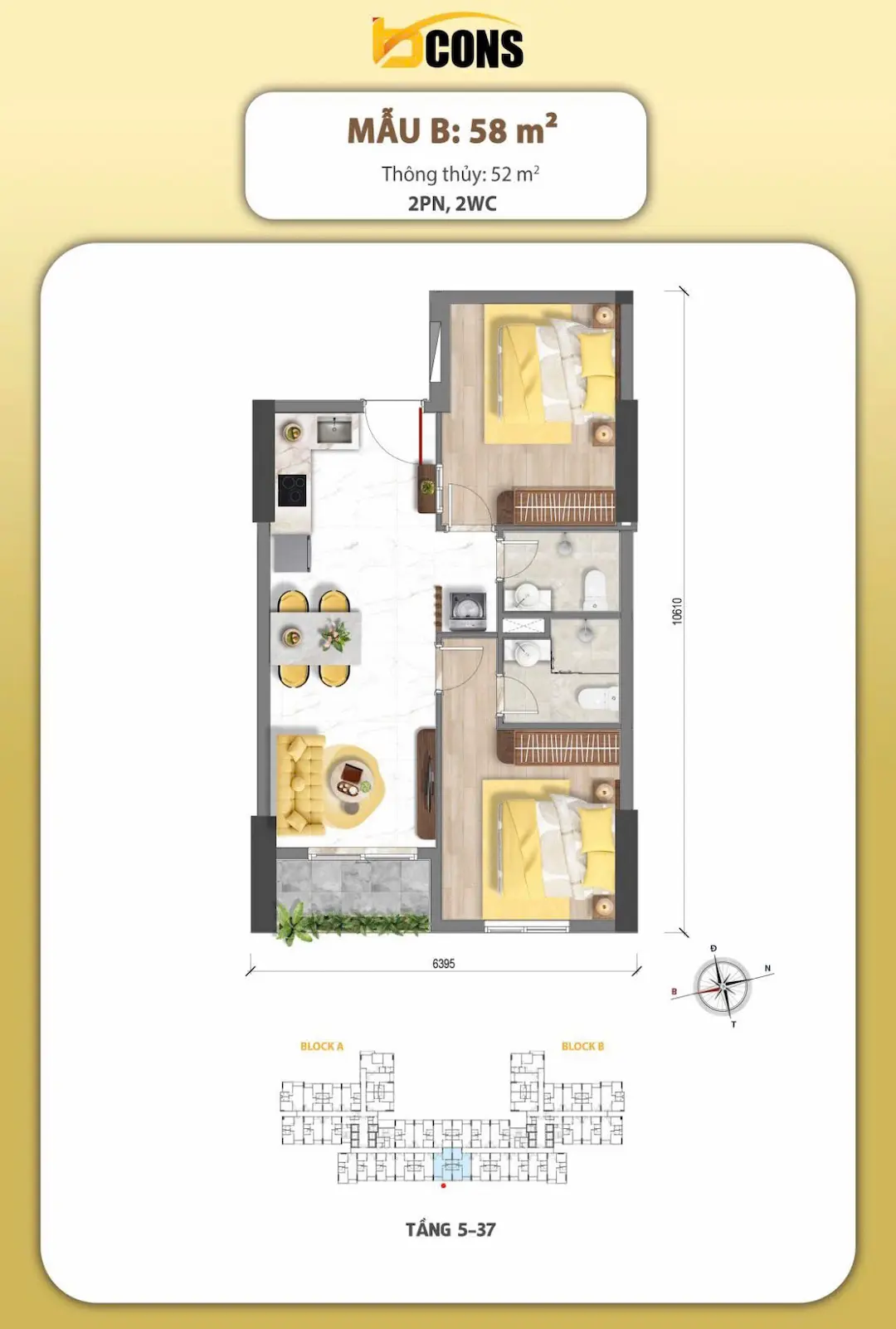 Mặt bằng Bcons Aria thiết kế 2PN mẫu B 58m2 Dĩ An