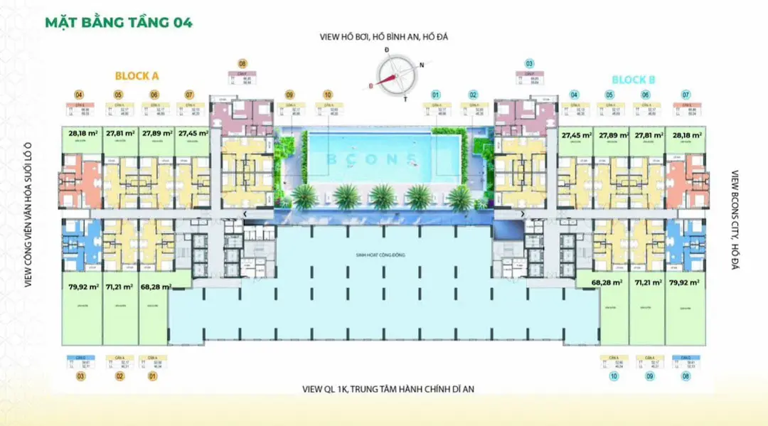 Mặt bằng Bcons Aria tiện ích hồ sân vườn tầng 4 Dĩ An