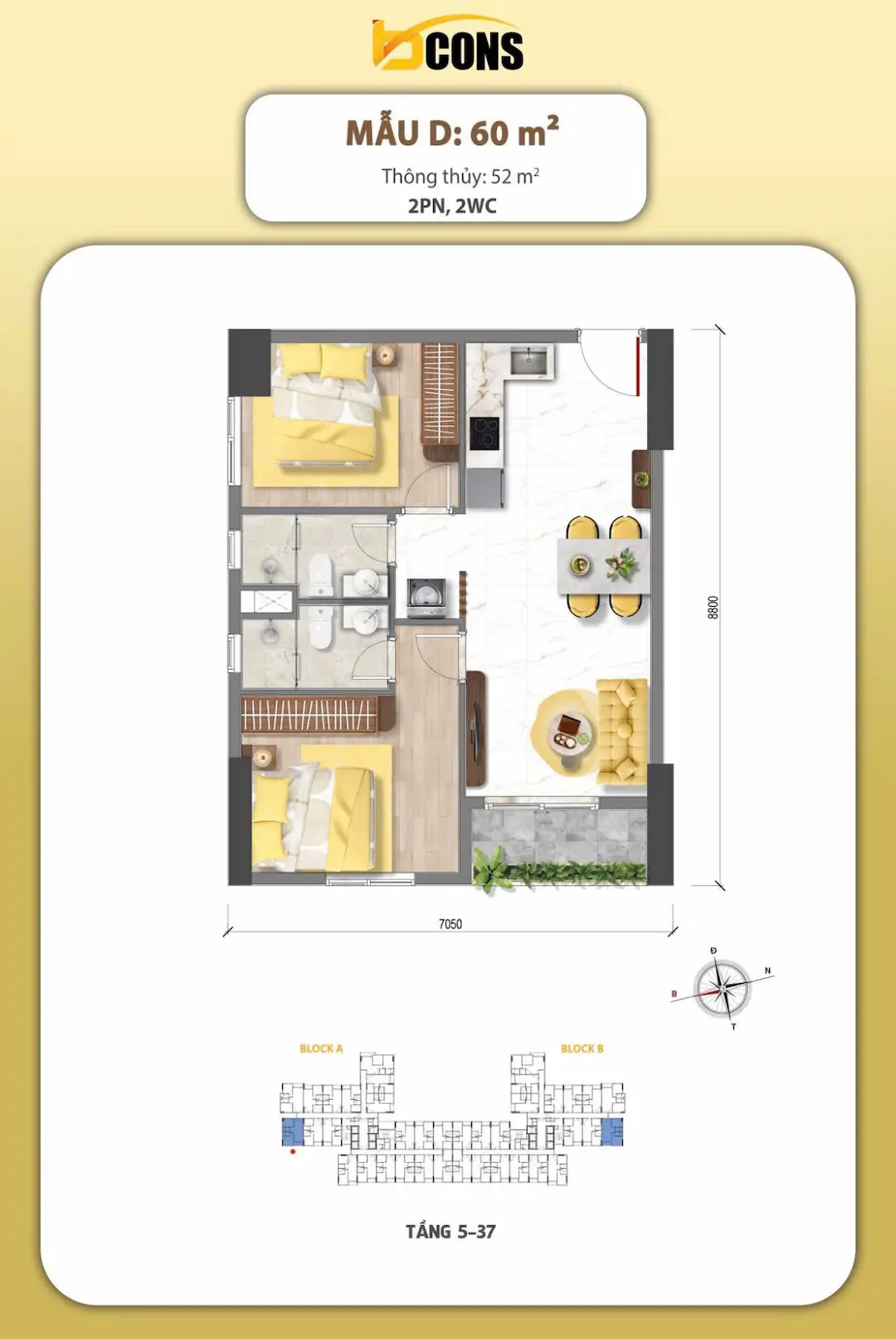 Mặt bằng bố trí căn hộ Bcons Aria mẫu D 60m2 Dĩ An