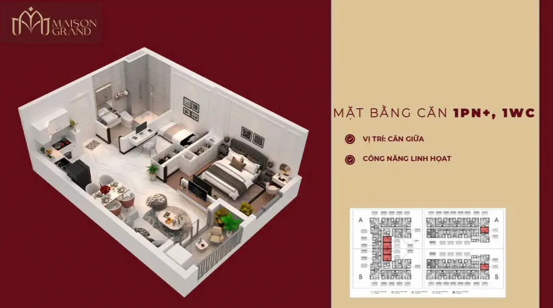 Mặt bằng căn 1PN1WC Maison Grand Phú Mỹ