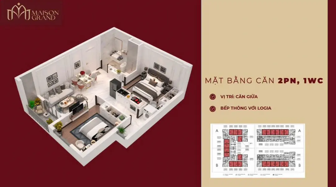 Mặt bằng căn 2PN1WC Maison Grand Phú Mỹ