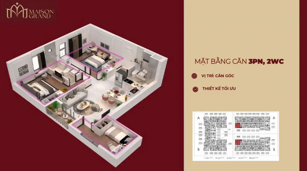 Mặt bằng căn 3PN2WC Maison Grand Phú Mỹ