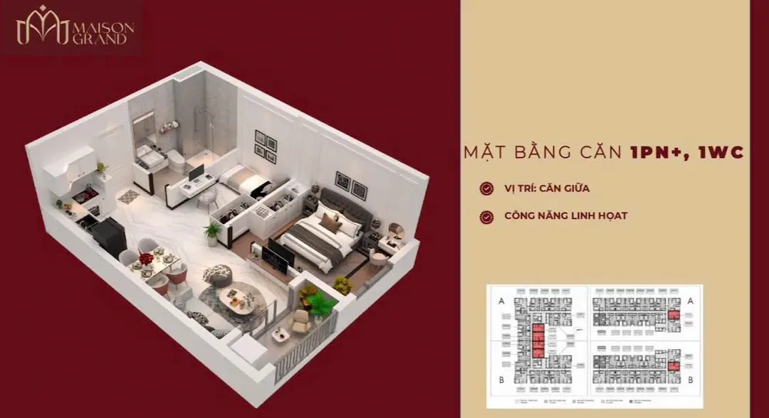 Mặt bằng căn hộ 1PN1WC Maison Grand Phú Mỹ