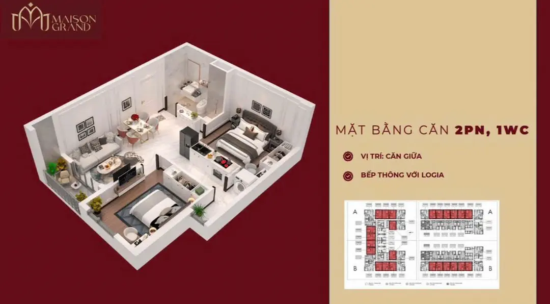 Mặt bằng căn hộ 2PN 1WC Maison Grand Phú Mỹ