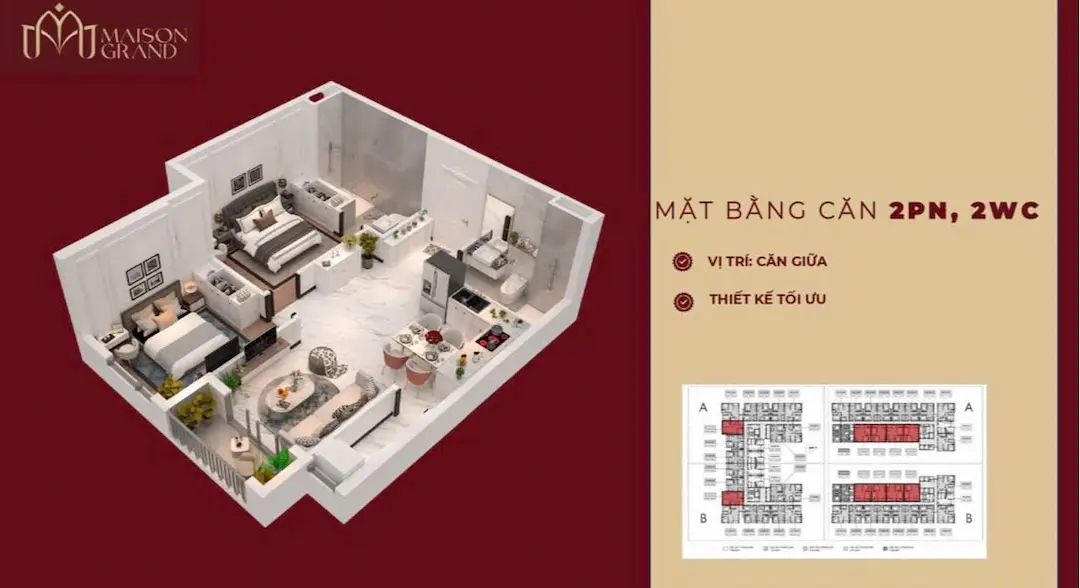 Mặt bằng căn hộ 2PN 2WC Maison Grand Phú Mỹ