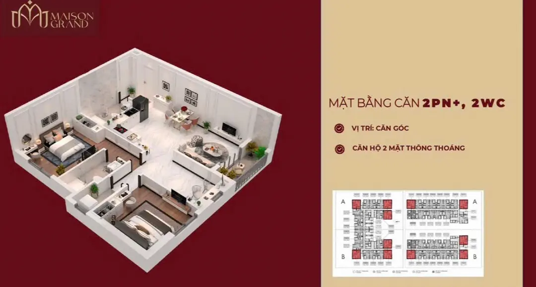 Mặt bằng căn hộ 2PN2WC Maison Grand Phú Mỹ