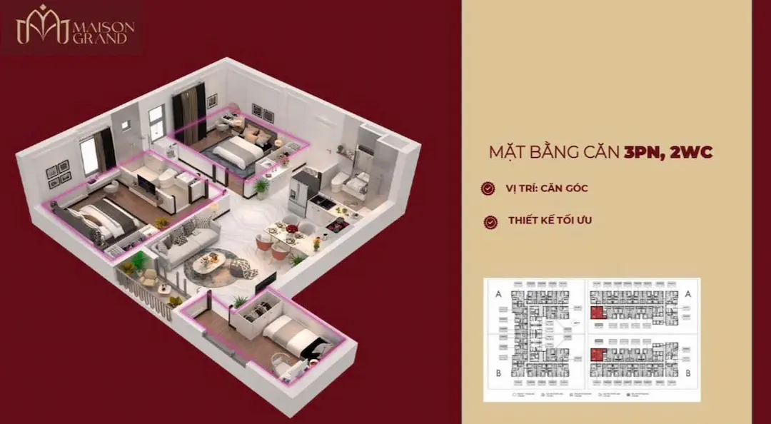 Mặt bằng căn hộ 3PN 2WC Maison Grand Phú Mỹ