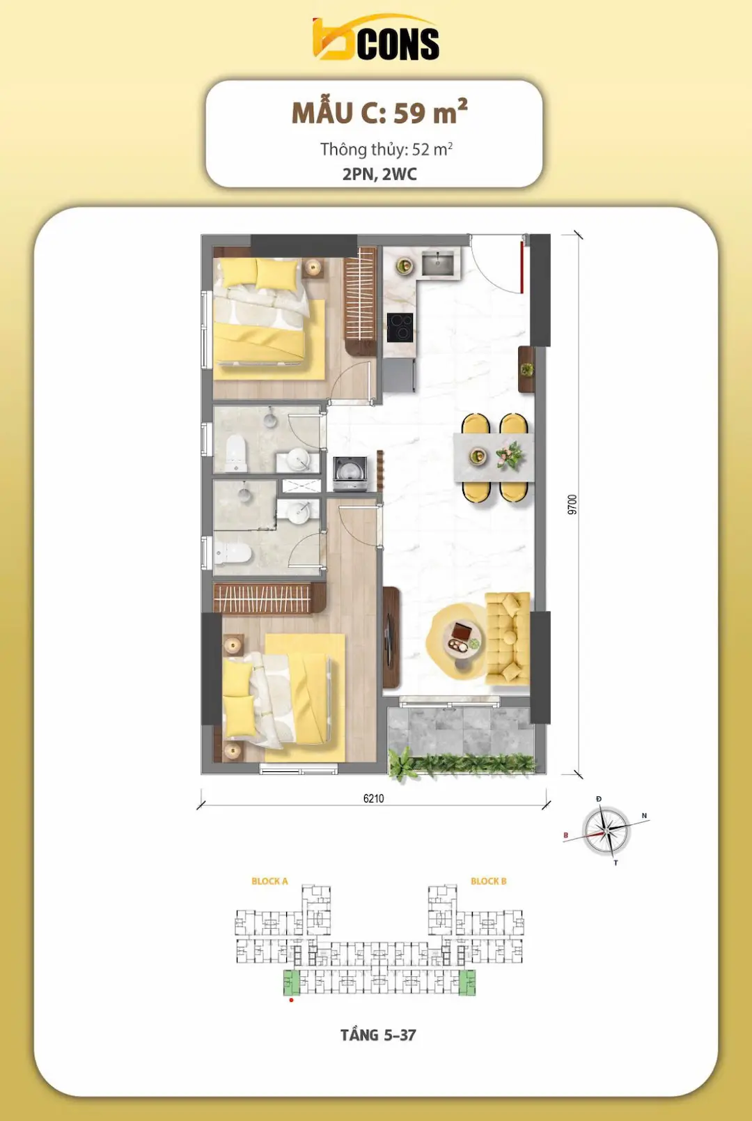 Mặt bằng thiết kế căn hộ Bcons Aria mẫu C 59m2 Dĩ An
