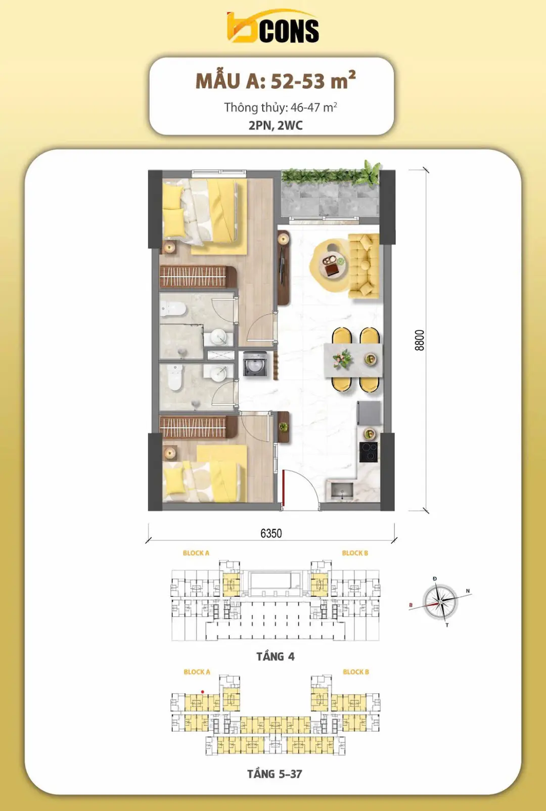 Mặt thiết kế căn hộ Bcons Aria mẫu A 53m2 Dĩ An