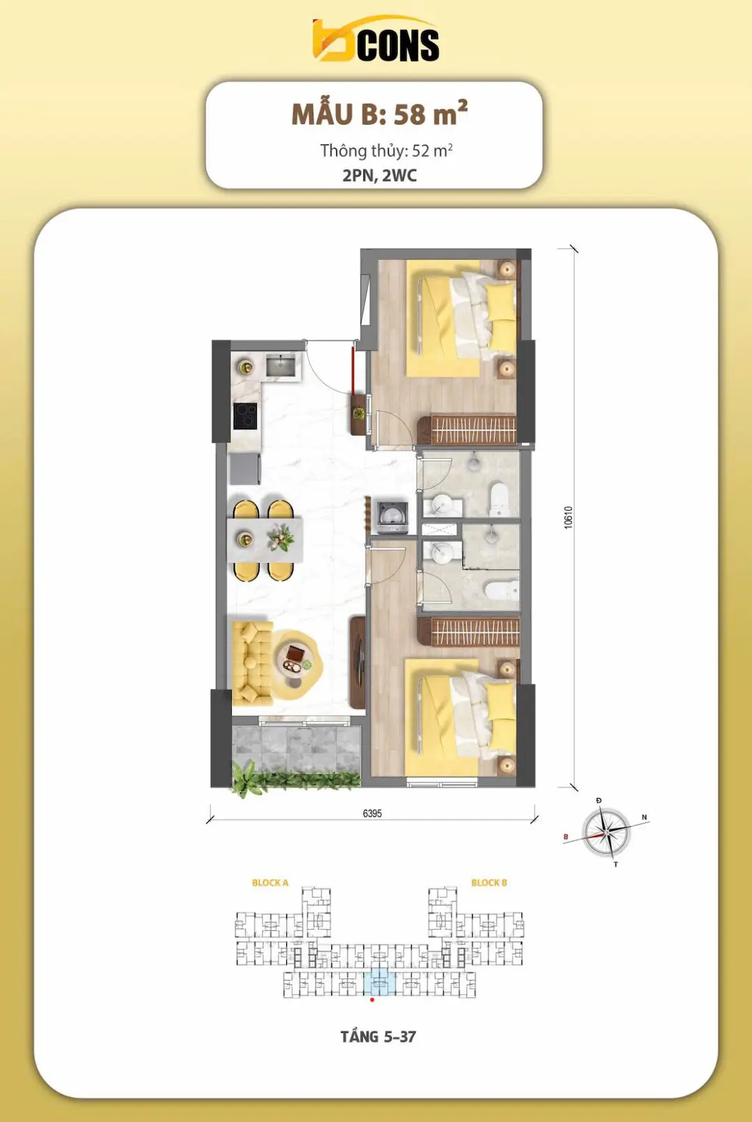 Mặt thiết kế căn hộ Bcons Aria mẫu B 58m2 Dĩ An