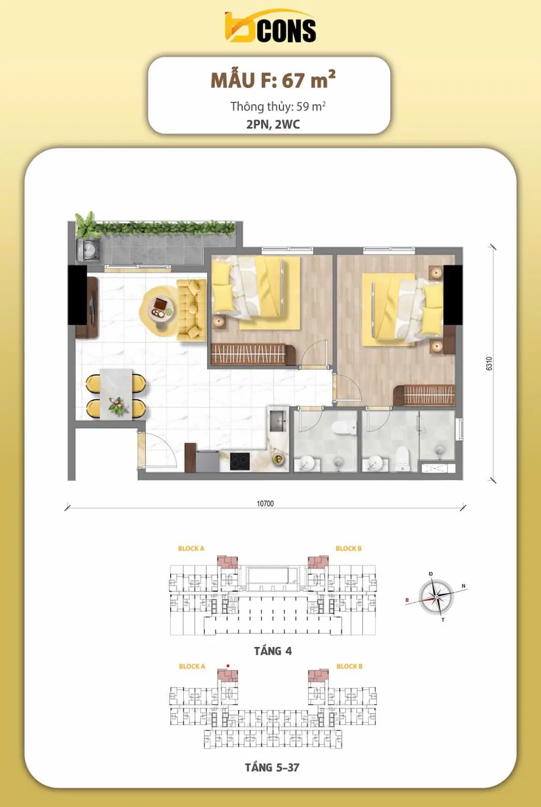 Mặt thiết kế căn hộ Bcons Aria mẫu F 67m2 Dĩ An